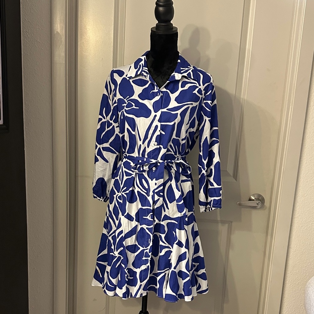 Blue and White Patterned Belted Dress